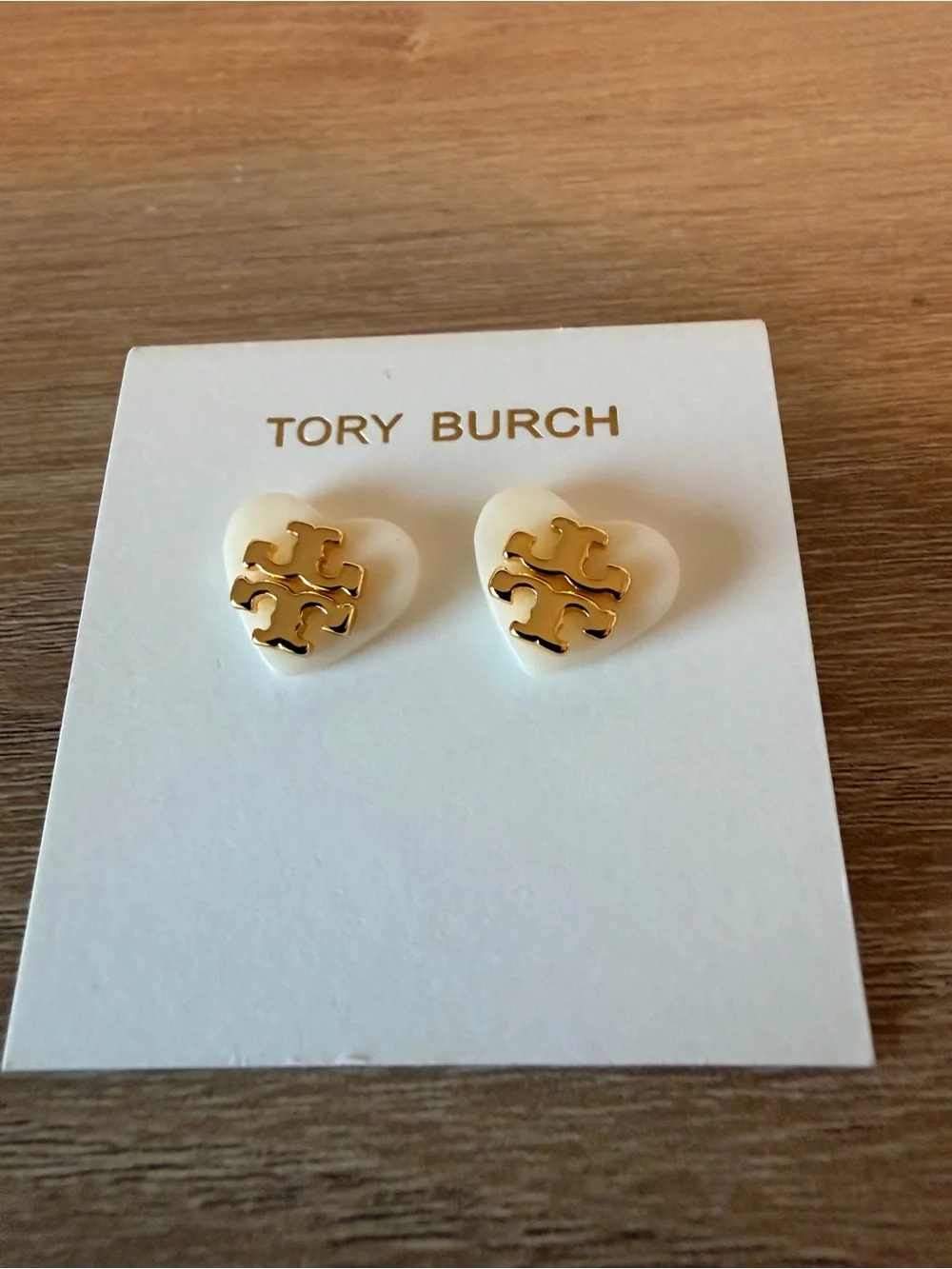 Tory Burch White Enamel Heart Logo Stud Earrings